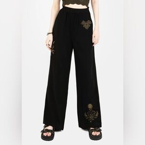 Disturbia | Foliate Linen-Blend Embroidered Wide Leg Trousers - Black